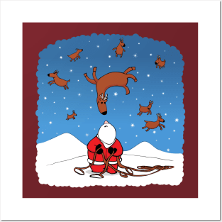 Santa Wrangling Flying Reindeer Posters and Art